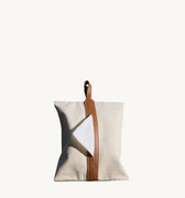 Natural canvas Songmont tissue box cover with brown leather strap and loop