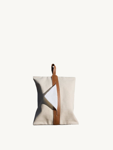 Natural canvas Songmont tissue box cover with brown leather strap and loop