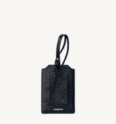 Black leather Songmont luggage tag with clear ID window and loop