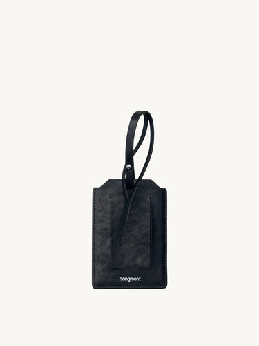 Black leather Songmont luggage tag with clear ID window and loop