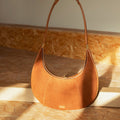 Extra Large Luna Bag in caramel suede and leather with gold hardware. Songmont bag.
