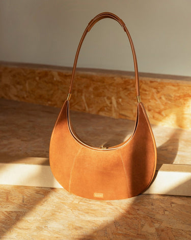 Extra Large Luna Bag in caramel suede and leather with gold hardware. Songmont bag.