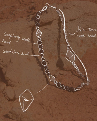 Small Carefree Thread Charm: soapberry, sandalwood, Job's tears beads, woven diamond detail.