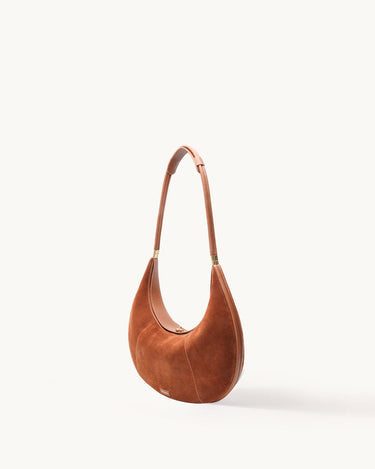 Extra Large Luna Bag in caramel suede and leather with gold hardware.