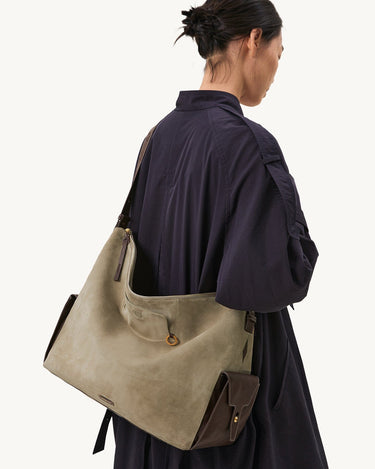 Extra Large Yore Hobo Bag in Dune Suede with contrasting brown leather details.