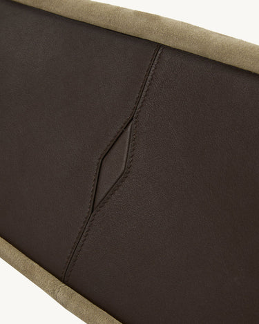 Extra Large Yore Hobo Bag in Dune Suede, featuring dark brown leather with a diamond seam detail and tan suede trim.