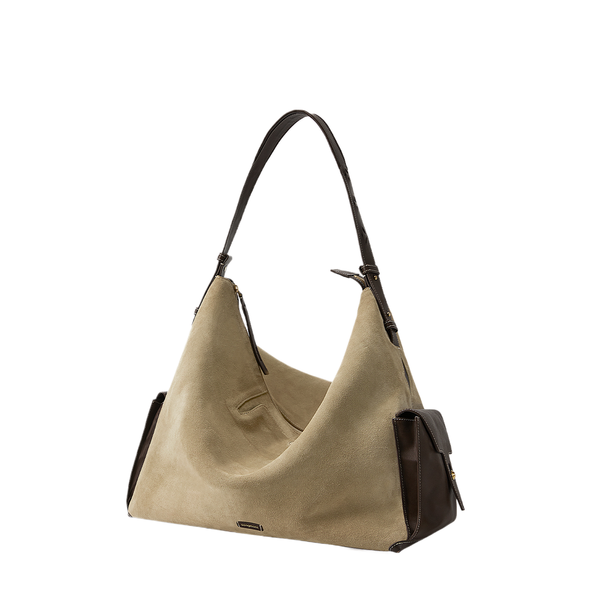 A slouchy hobo shoulder bag in beige canvas with dark brown leather trim, a single shoulder strap, and zippered side pockets, shown on a plain white background.