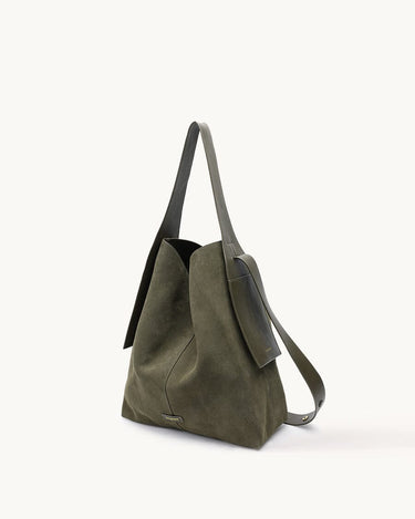 Olive green large drippy tote bag with adjustable strap and side pocket.