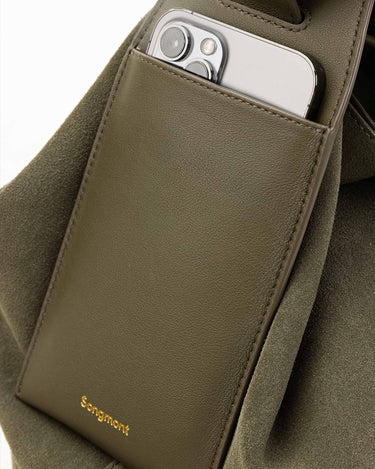 Olive large leather tote bag with an exterior pocket holding a smartphone. Features gold 'Songmont' logo.