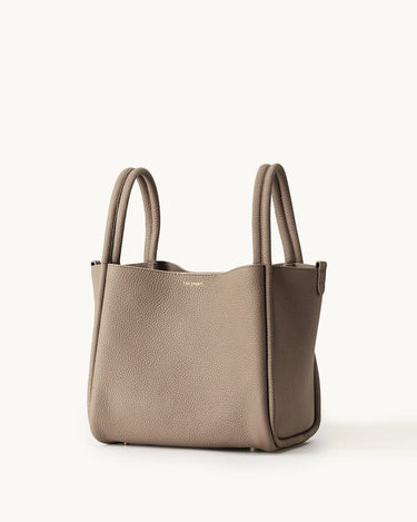 Songmont large leather bucket bag in taupe with double top handles and a minimalist design.