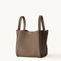 Taupe full-grain leather Large Song Bag with double top handles and subtle gold-tone hardware.
