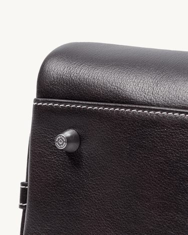Dark brown full-grain nappa leather large Yore bowling bag with white stitching and SS 304 hardware.