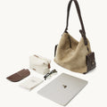 Large Yore Hobo Bag, Dune Suede with dark brown leather, laptop, glasses, pouch, case.