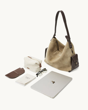 Large Yore Hobo Bag, Dune Suede with dark brown leather, laptop, glasses, pouch, case.