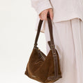 Large Yore Hobo Bag, Sandal Suede cow suede with leather trim, contrast stitching, adjustable strap. Perfect for everyday.