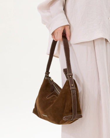 Large Yore Hobo Bag, Sandal Suede cow suede with leather trim, contrast stitching, adjustable strap. Perfect for everyday.