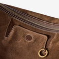 Large Yore Hobo Bag, Sandal Suede: rich brown cow suede, white stitching, gold hardware.
