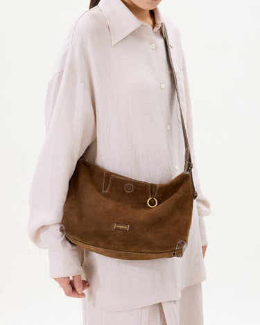 Large Yore Hobo Bag in Sandal Suede, crafted from soft cow suede leather with gold hardware. Minimalist design.