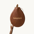 Brown vegetable-tanned leather tennis racket cover with 'Songmont' embossed in gold.
