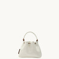 Lucky Pouch Charm, white full-grain nappa leather drawstring bag with adjustable strap.