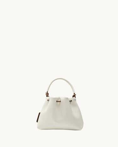 Lucky Pouch Charm, white full-grain nappa leather drawstring bag with adjustable strap.