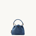 Blue denim Lucky Pouch Charm with braided handle and leather tag. Fabric & leather, 11cm.