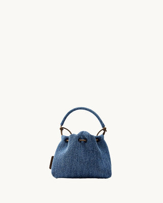 Blue denim Lucky Pouch Charm with braided handle and leather tag. Fabric & leather, 11cm.