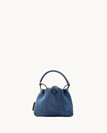 Blue denim Lucky Pouch Charm with braided handle and leather tag. Fabric & leather, 11cm.