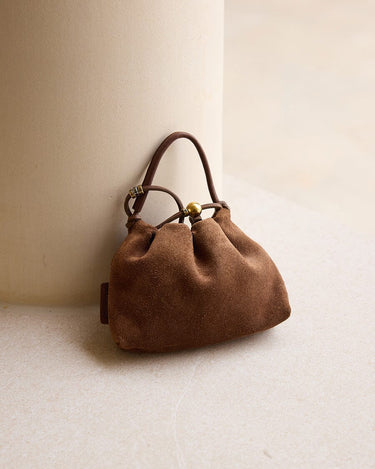 Brown cow suede leather Lucky Pouch Charm with adjustable strap and gold bead