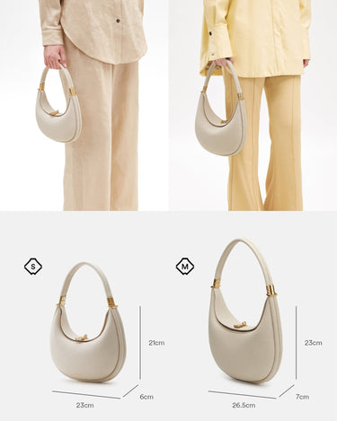 Luna Bag in ivory textured leather, showing two sizes (S and M) with dimensions and gold hardware. A versatile crossbody bag.