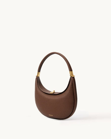 Songmont Luna Bag in Chocolate color, a brown pebbled leather shoulder bag with gold hardware.