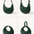 Emerald green Luna Bag in textured leather with gold hardware, shown from multiple angles and carrying styles.