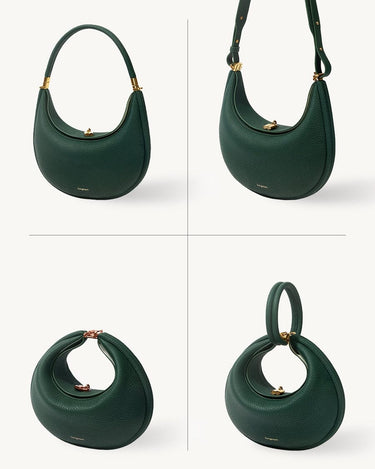 Emerald green Luna Bag in textured leather with gold hardware, shown from multiple angles and carrying styles.