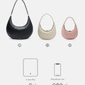 Luna Bag in black (L), ivory (M), and pink (S) showing size comparison to 11-inch iPad and iPhone 14 Pro Max.