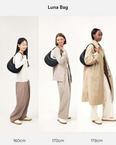 Luna Bag shown in three different heights: 160cm, 170cm, and 178cm. Black textured leather shoulder bag with gold hardware.