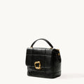 Medium black calf leather bag with quilted texture and gold buckle closure.