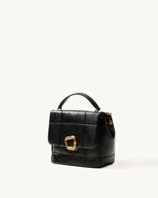 Medium black calf leather bag with quilted texture and gold buckle closure.