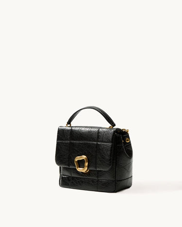 Medium black calf leather bag with quilted texture and gold buckle closure.