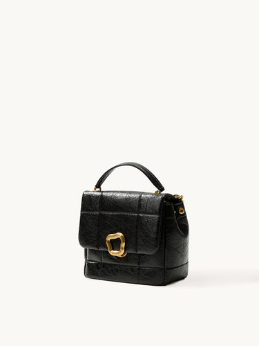 Medium black calf leather bag with quilted texture and gold buckle closure.