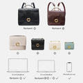 Medium Chocolate Bag in black calf leather, gold hardware, adjustable strap. Sizes L, M, S, mi shown with laptops and phone for scale.