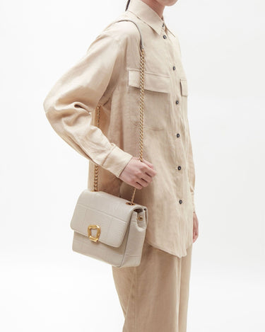 Medium Chocolate Bag in Pearl Grey with gold chain and clasp