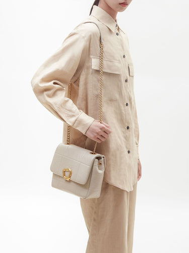 Medium Chocolate Bag in Pearl Grey with gold chain and clasp