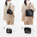 Medium Chocolate Bag, Pearl Grey, textured leather, gold hardware, size dimensions M (21x18x8cm) and L (27x24x12cm).