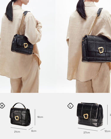 Medium Chocolate Bag, Pearl Grey, textured leather, gold hardware, size dimensions M (21x18x8cm) and L (27x24x12cm).