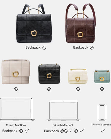 Medium Chocolate Bag in pearl grey, black, and brown with size comparison to MacBooks and iPhone.