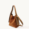 Medium caramel brown suede tote bag with leather strap and side pocket