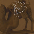 Gather bag inspired by camel caravans, sketch overlay on a camel figurine.
