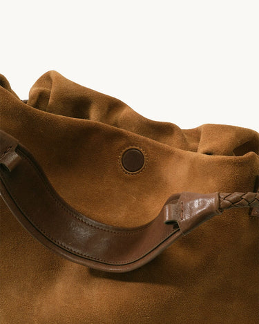 Medium Gather Bag Set in Ochre Suede with textured cow suede leather and full-grain leather strap detail.