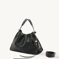 Black leather Medium Gather Bag Set with gold hardware and a separate rolled strap.