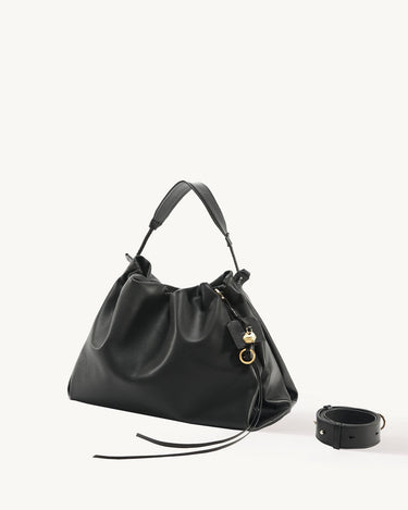 Black leather Medium Gather Bag Set with gold hardware and a separate rolled strap.